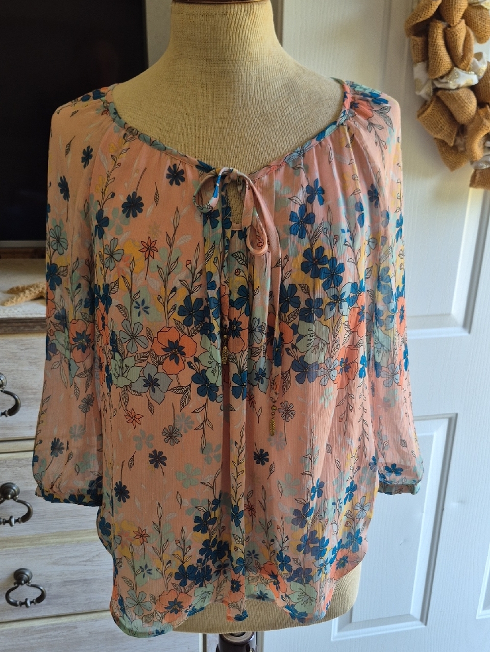 Sara Michelle Peach Floral Tie-Neck Blouse with Blue & Coral Flowers